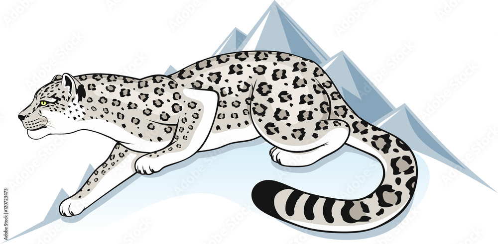 Naklejka premium snow leopard on a background mountain peaks