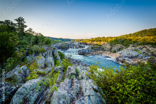 View of rapids in the Potomac River at sunset, at Great Falls Pa
