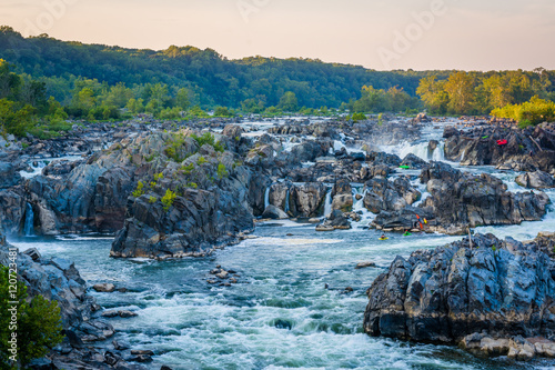 View of rapids in the Potomac River at sunset, at Great Falls Pa
