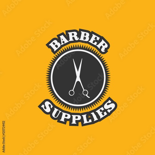 Barbershop Retro Styled Label with Barbers Scissors and Typographic text "Barber Supplies" is excellent as barbers equipment print, badge, sticker, emblem, barbers equipment catalog cover template.