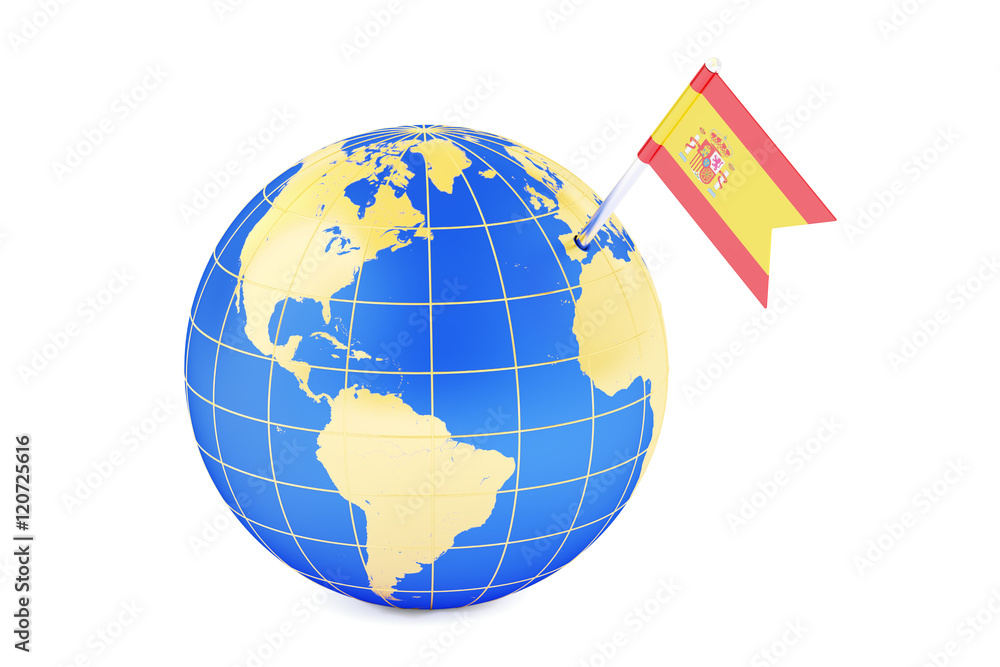 Spanish pin flag on globe map, 3D rendering Spanish pin flag on globe map, 3D rendering