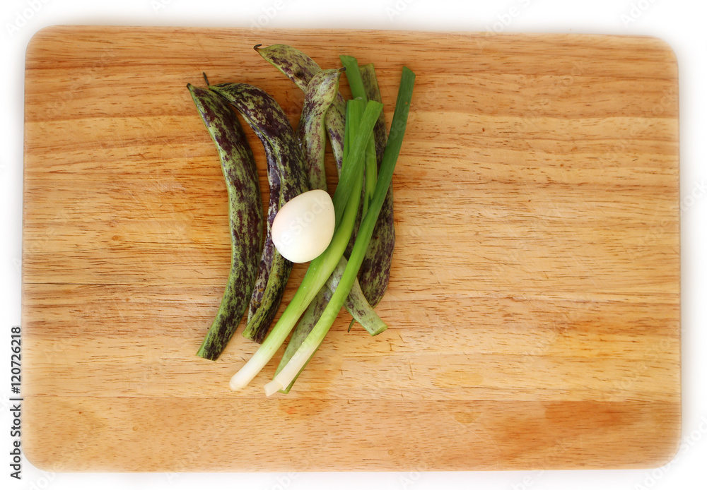 Green beans and quail egg flat lay