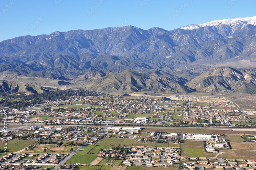 An aerial view of the town of Banning which lies at the base of Mount San Gorgonio in southern California.