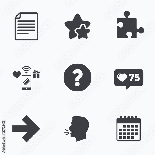 Question mark and puzzle signs. File, arrow.