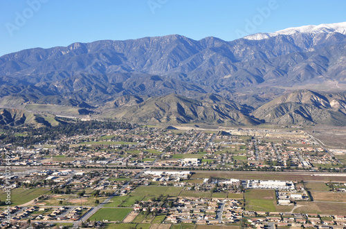 An aerial view of the town of Banning which lies at the base of Mount San Gorgonio in southern California.