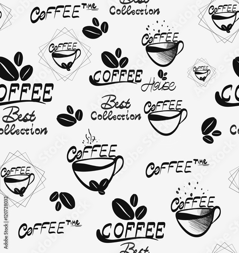 Coffee seamless pattern with brown cups of brewed , hot chocolate and creamy cappuccino, scattered over white background.  shop, morning menu decoration  kitchen interior design