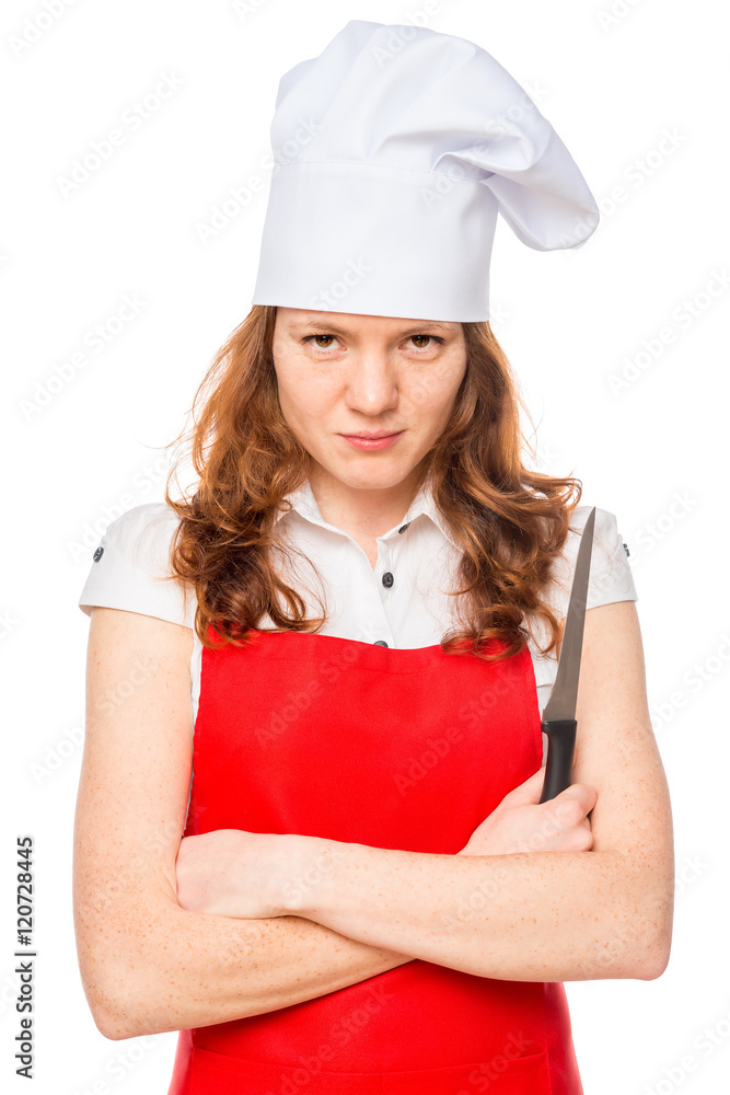 angry chef with a sharp knife on a white background angry chef with a sharp knife on a white background