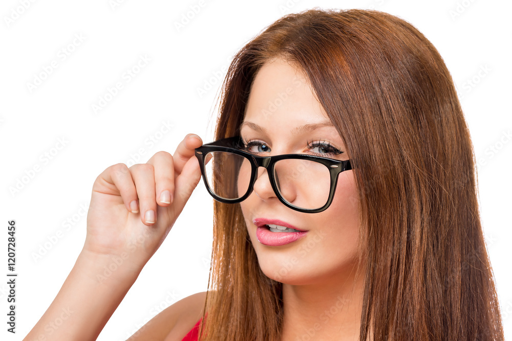 face of a young and beautiful woman with glasses closeup on whit