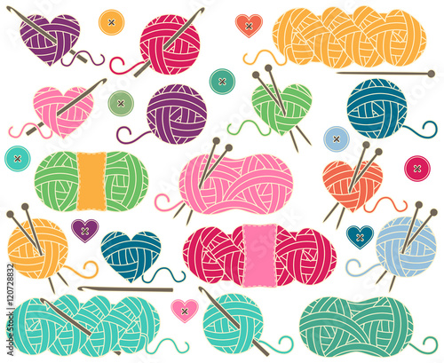 Cute Vector Collection of Balls of Yarn, Skeins of Yarn or Thread for Knitting and Crochet