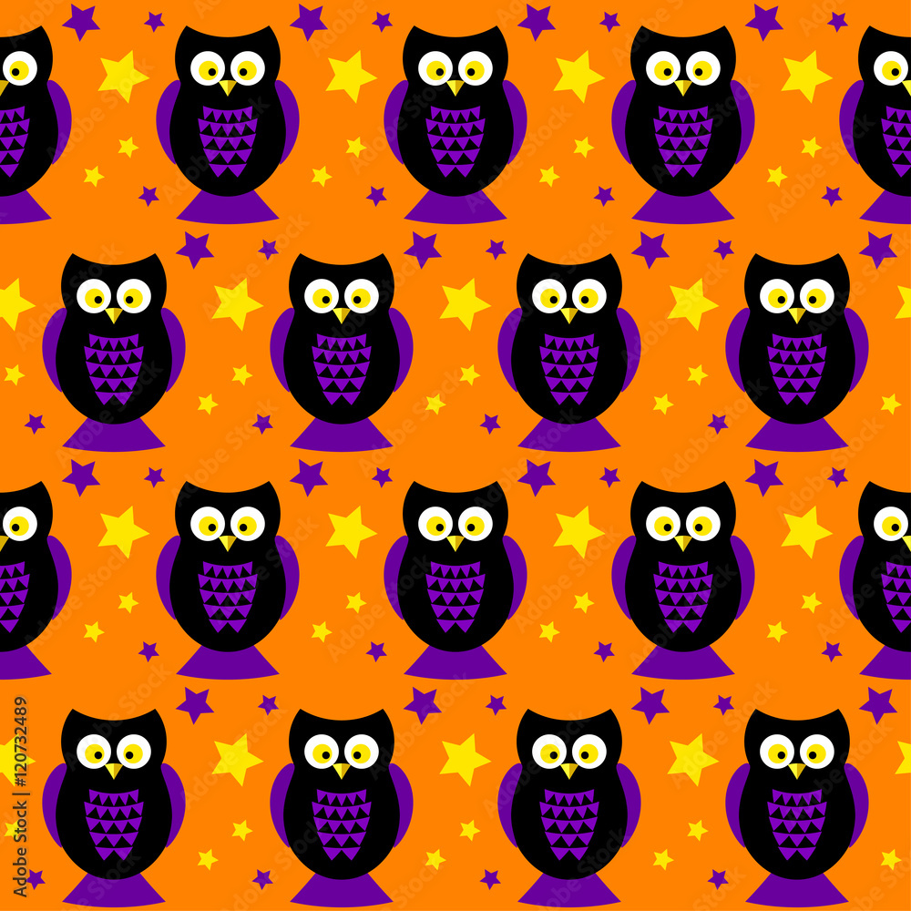 Fototapeta premium Halloween vector seamless pattern background with funny owl 