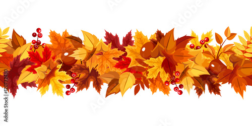 Vector horizontal seamless garland with red, orange, brown and yellow autumn leaves on a white background.