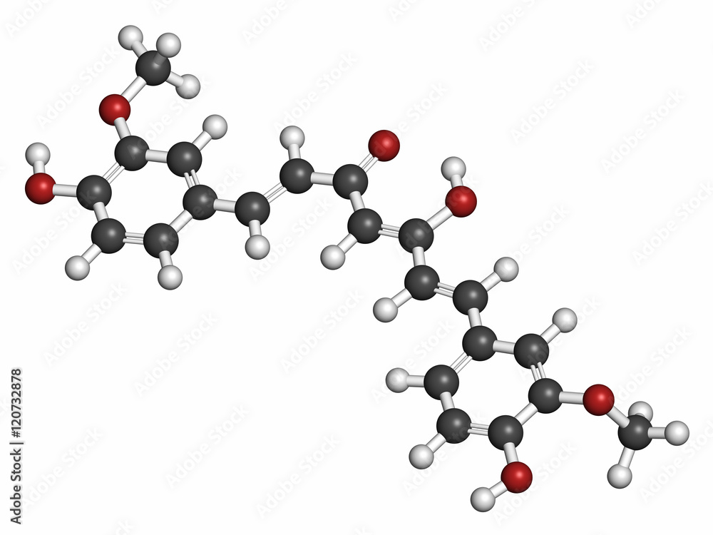 Curcumin turmeric spice molecule. 3D rendering. Curcumin turmeric spice molecule. 3D rendering.
