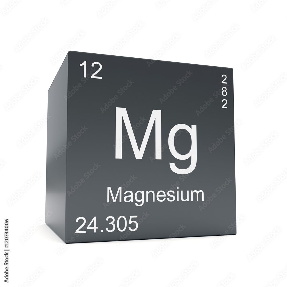 Magnesium chemical element symbol from the periodic table displayed on black cube Magnesium chemical element symbol from the periodic table displayed on black cube