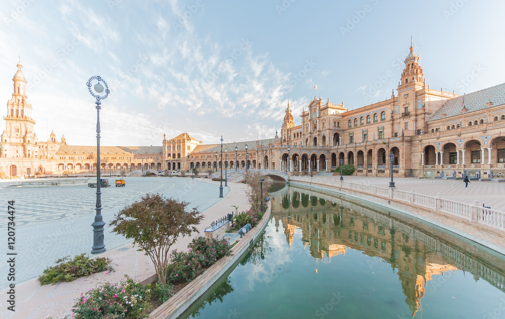 Reflection of Spanish Square (Plaza de Espana) in Sevilla, Spain