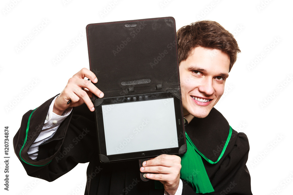 Male lawyer hold tablet computer in open case. Male lawyer hold tablet computer in open case.
