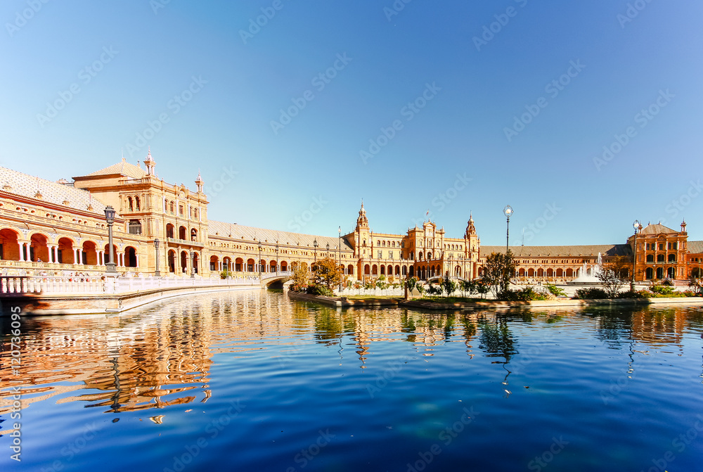Reflection of Spanish Square (Plaza de Espana) in Sevilla, Spain