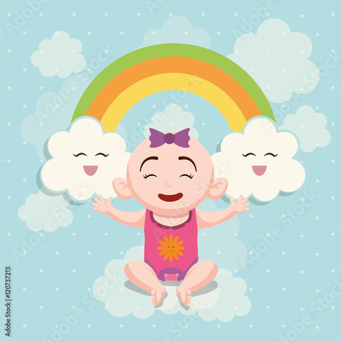 Baby girl cartoon and rainbow icon. Baby shower invitation card. Colorful design. Vector illustration