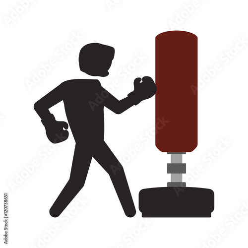 Boxer with gloves and bag icon. boxing sport competition and training theme. Isolated design. Vector illustration