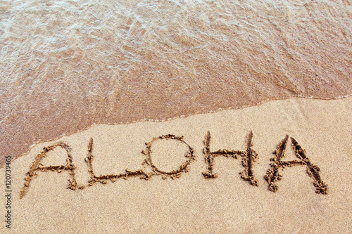 Aloha written on a Hawaiian beach