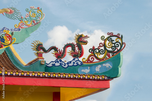 Dragon statue in Chinese style on top of general temple roof in Thailand
