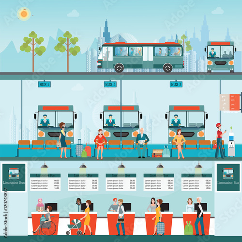 Set of bus limousine with people buying ticket at counter servic