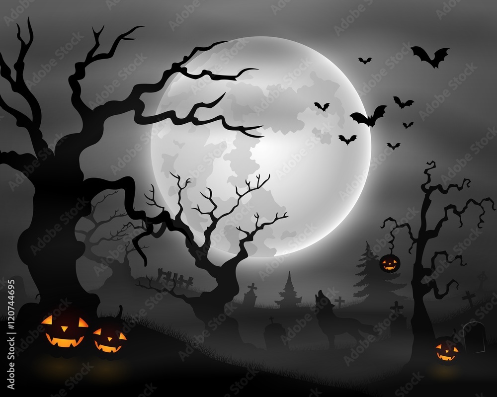 Halloween night background with wolf howling, pumpkins and full moon