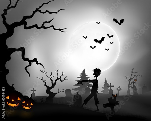 Halloween night background with zombie walking, pumpkins and full moon