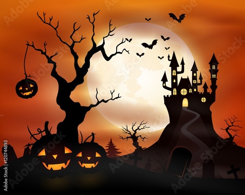 Halloween night background with castle and pumpkins