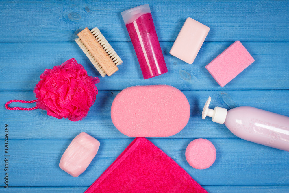 Accessories and cosmetics for personal hygiene in bathroom, concept of body care Accessories and cosmetics for personal hygiene in bathroom, concept of body care