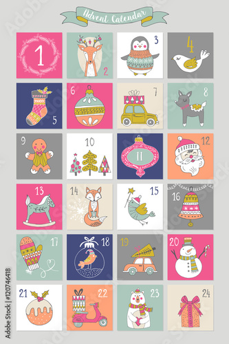 Christmas advent calendar with hand drawing elements. Isolated v