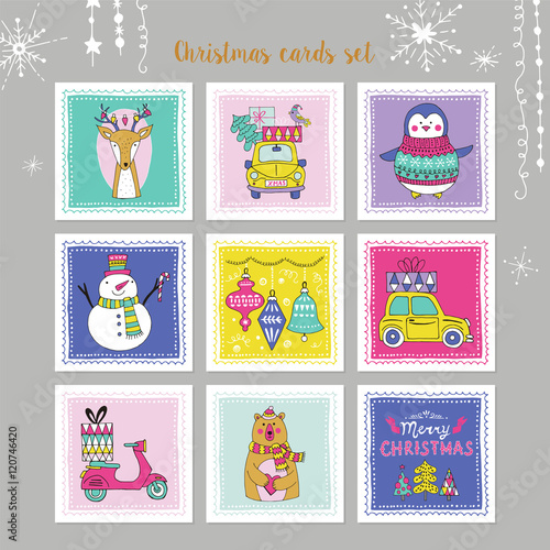Christmas holiday hand drawing card set with decorative elements