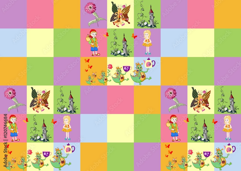 Plaid fabric for children with cheerful dragons. Vector illustration. 