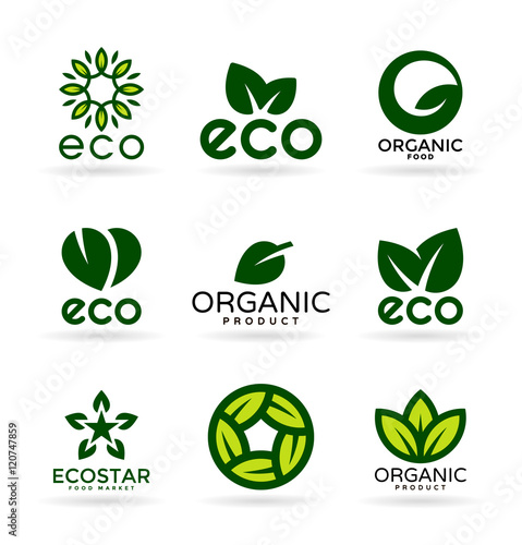 Eco food, organic products and ecology. Set of logo design elements (17)