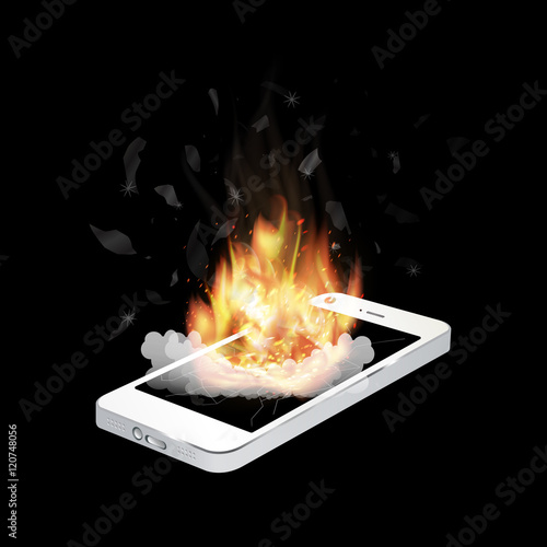 broken smartphone explosion with burning fire
