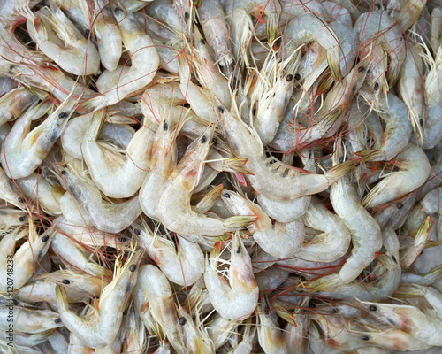 Fresh raw shrimps seafood in ice for sale in a local market in Thailand