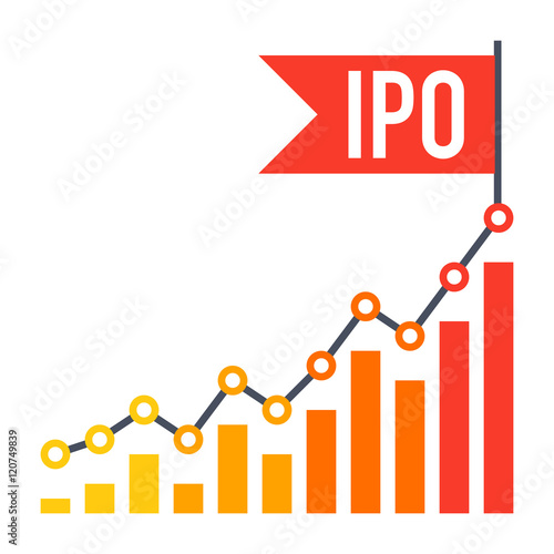 IPO concept with line chart and flag in flat style.
