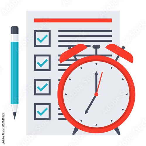 Time management concept with document, pencil and alarm clock.
