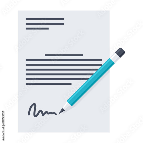 Illustration business contract with signature in flat style.