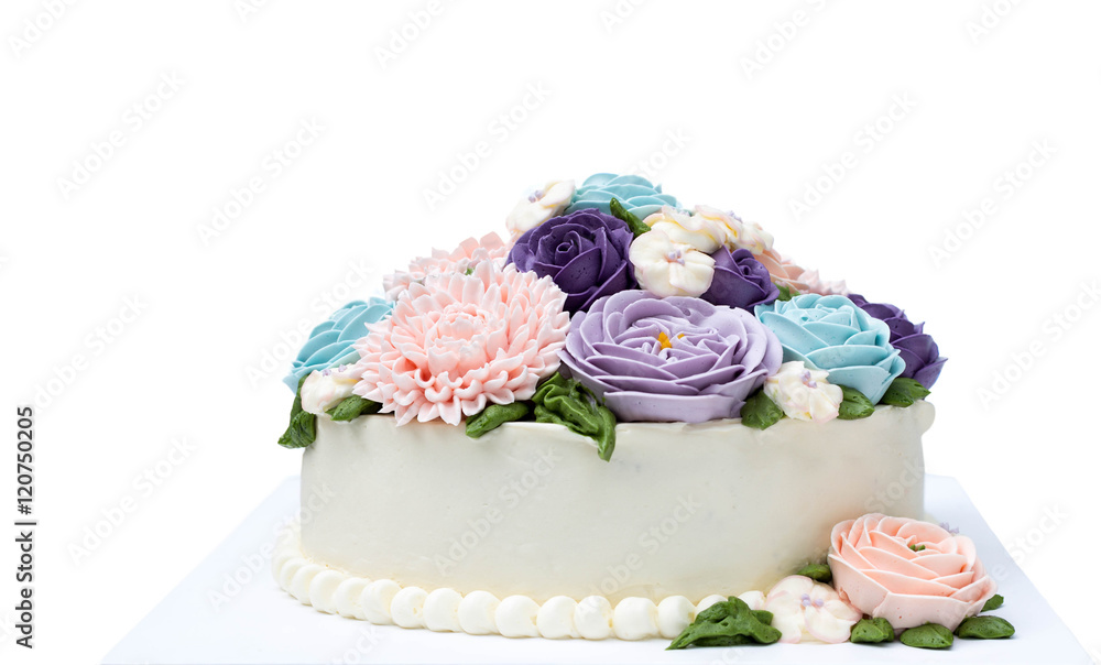 Birthday cake with colorful flowers isolated Stock Photo | Adobe Stock
