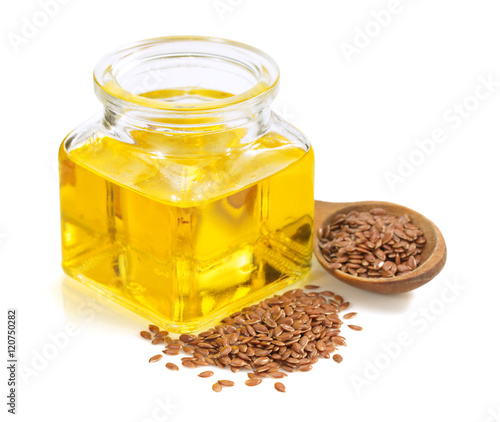 linseed oil in bottle isolated on white