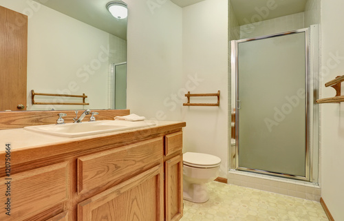Bathroom interior with wooden vanity cabinet  big mirror and tile floor.