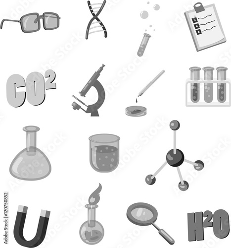 Physics icons set in black monochrome style. Science equipment set collection vector illustration