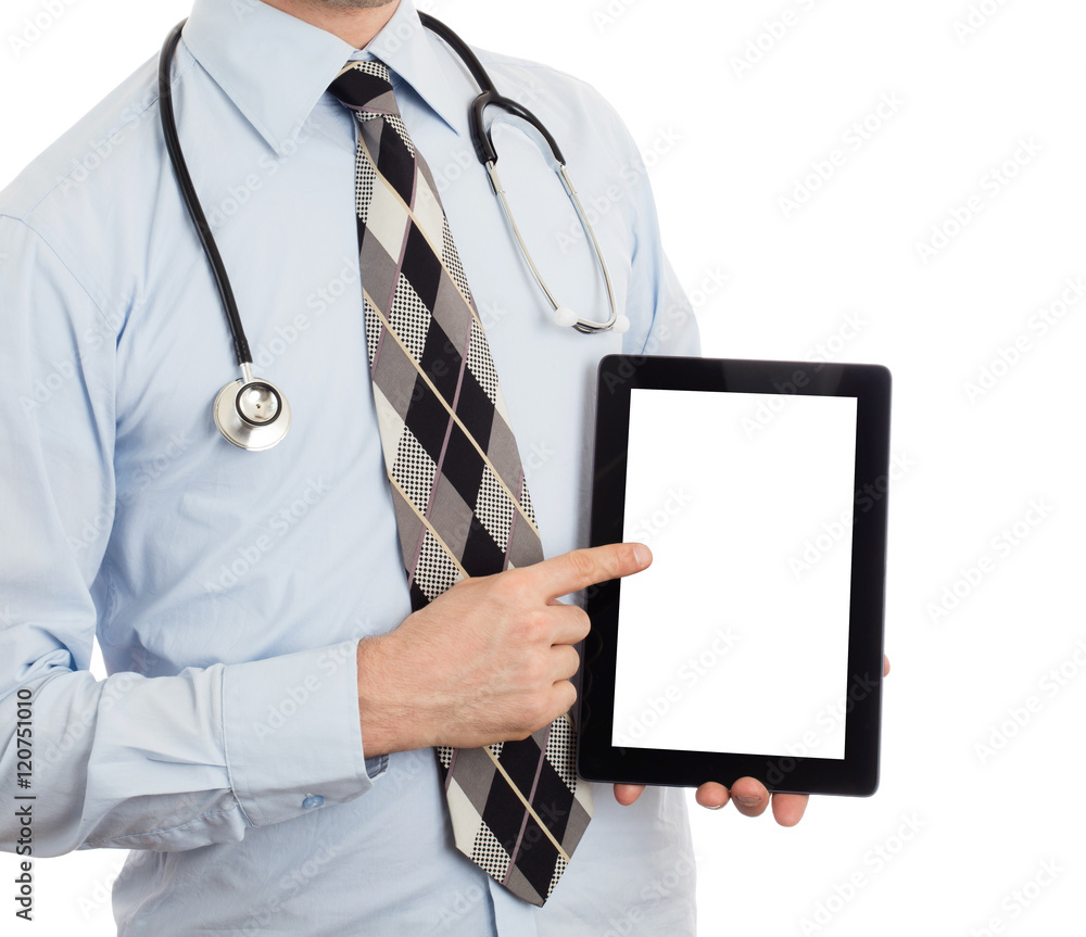 Doctor holding tablet with copy space and clipping path for the Doctor holding tablet with copy space and clipping path for the