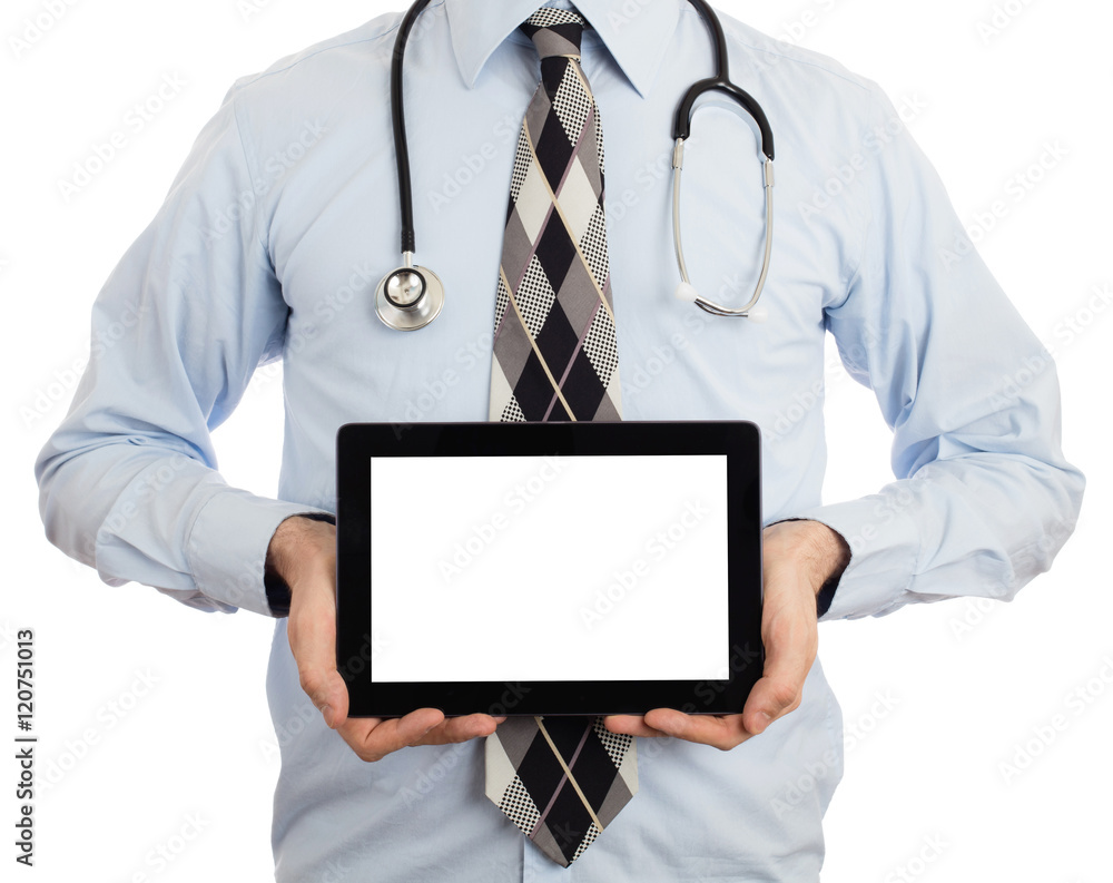 Doctor holding tablet with copy space and clipping path for the Doctor holding tablet with copy space and clipping path for the