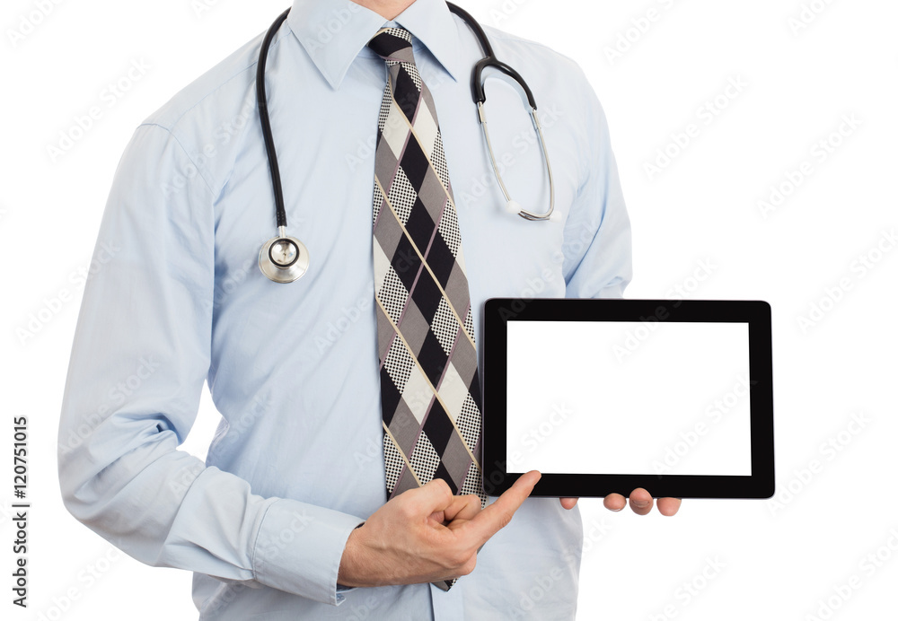 Doctor holding tablet with copy space and clipping path for the Doctor holding tablet with copy space and clipping path for the