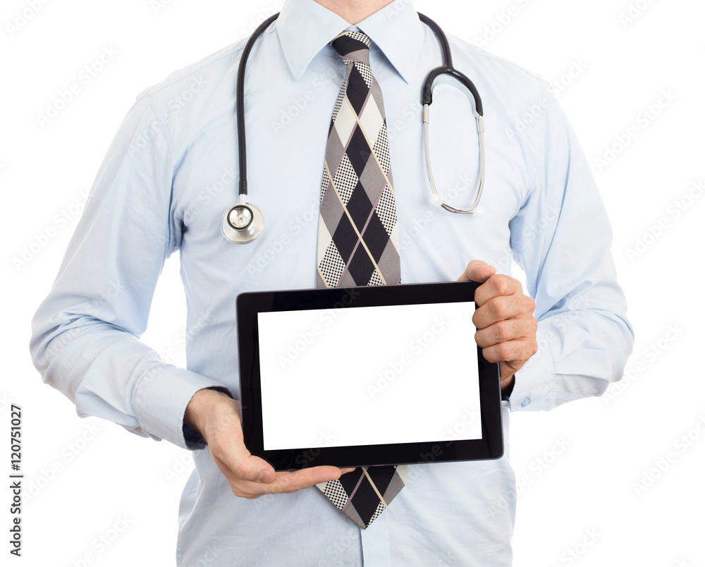 Doctor holding tablet with copy space and clipping path for the Doctor holding tablet with copy space and clipping path for the