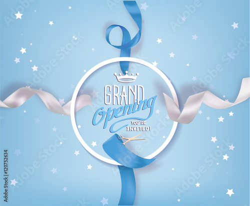 Grand opening conposition with silk realistic blue and white ribbons