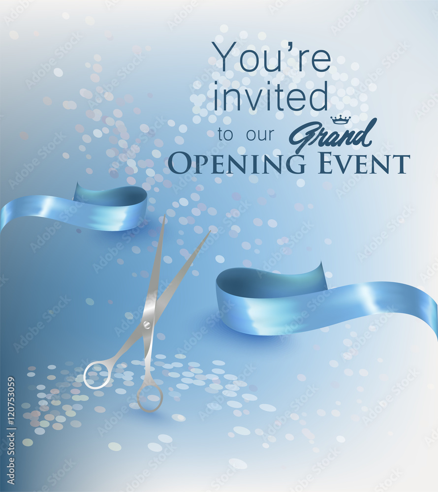 Ribbon cutting ceremony invitation card with blue cut ribbon and