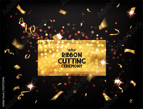 Ribbon cutting ceremony cards with piece of gold ribbon and flying confetti and ticker tapes