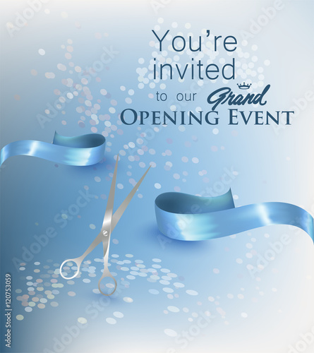 Ribbon cutting ceremony invitation card with blue cut ribbon and scissors